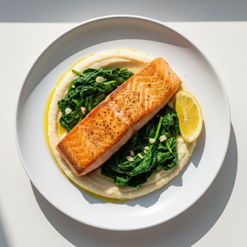 Seared Salmon Fillet with Creamy White Bean Mash and Sautéed Spinach