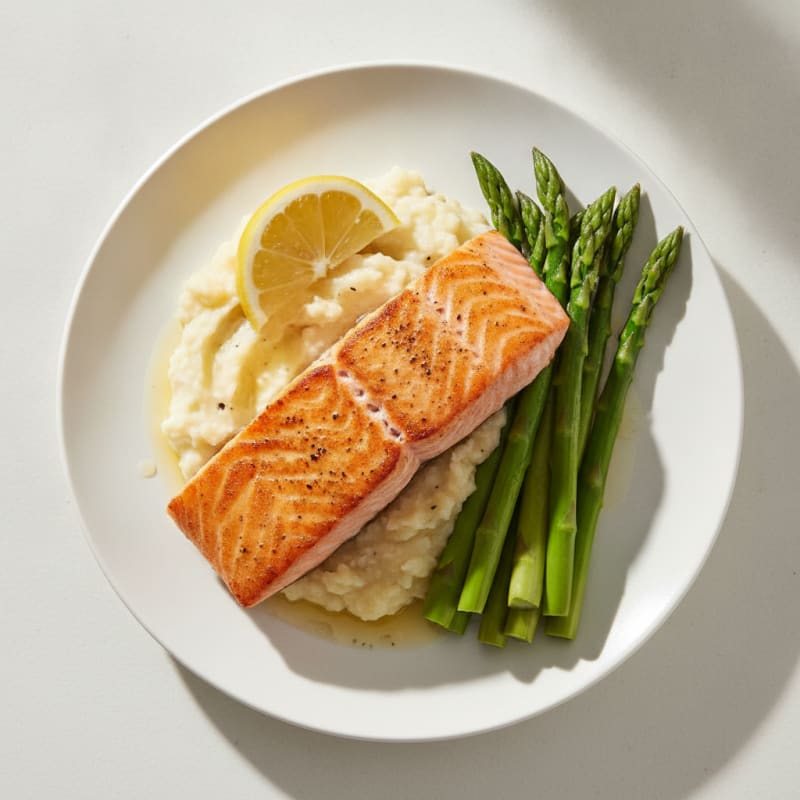 Seared Salmon with Steamed Asparagus and Cauliflower Mash
