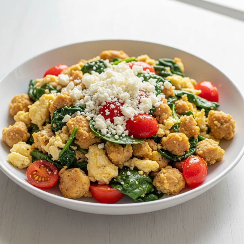 Egg White and Turkey Sausage Scramble with Spinach and Tomatoes