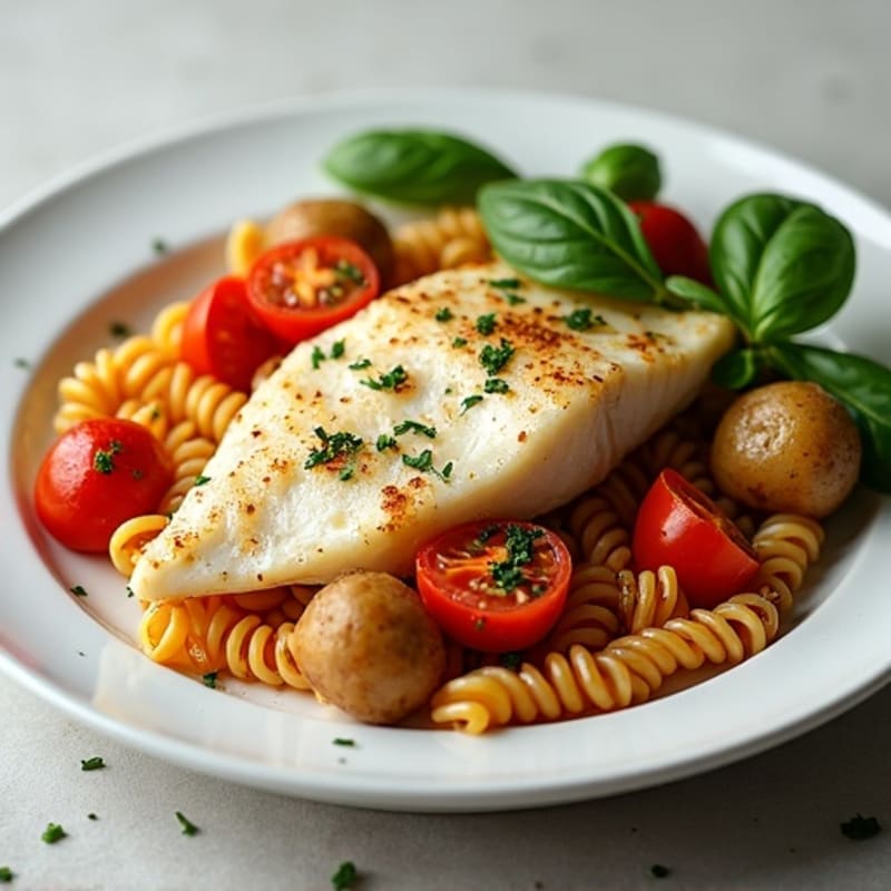 Baked White Fish with Roasted Potatoes and Tomato Pasta
