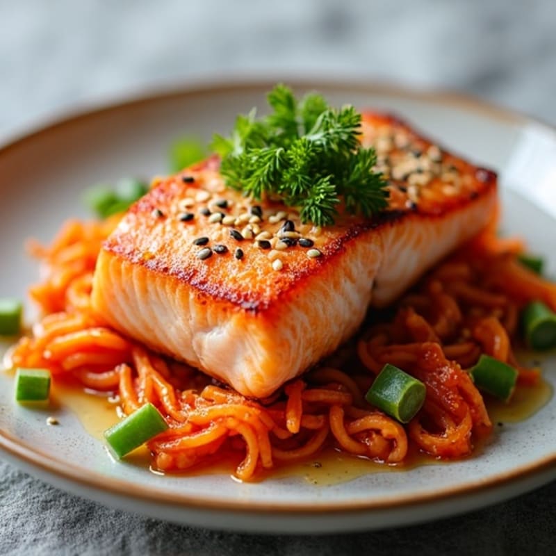Crispy Pan-Seared Salmon with Tangy Kimchi Sauté