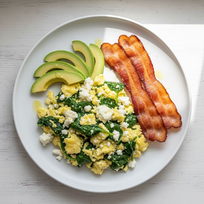 Cottage Cheese and Spinach Egg Scramble with Turkey Bacon