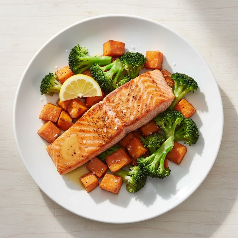 Seared Salmon with Roasted Sweet Potato and Steamed Broccoli