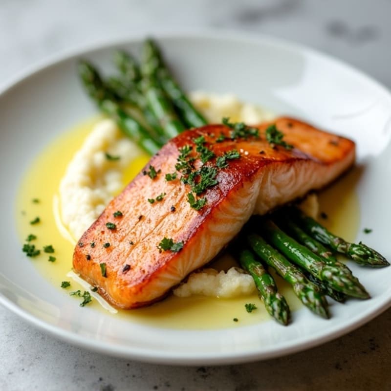 Seared Salmon with Steamed Asparagus and Garlic Cauliflower Mash