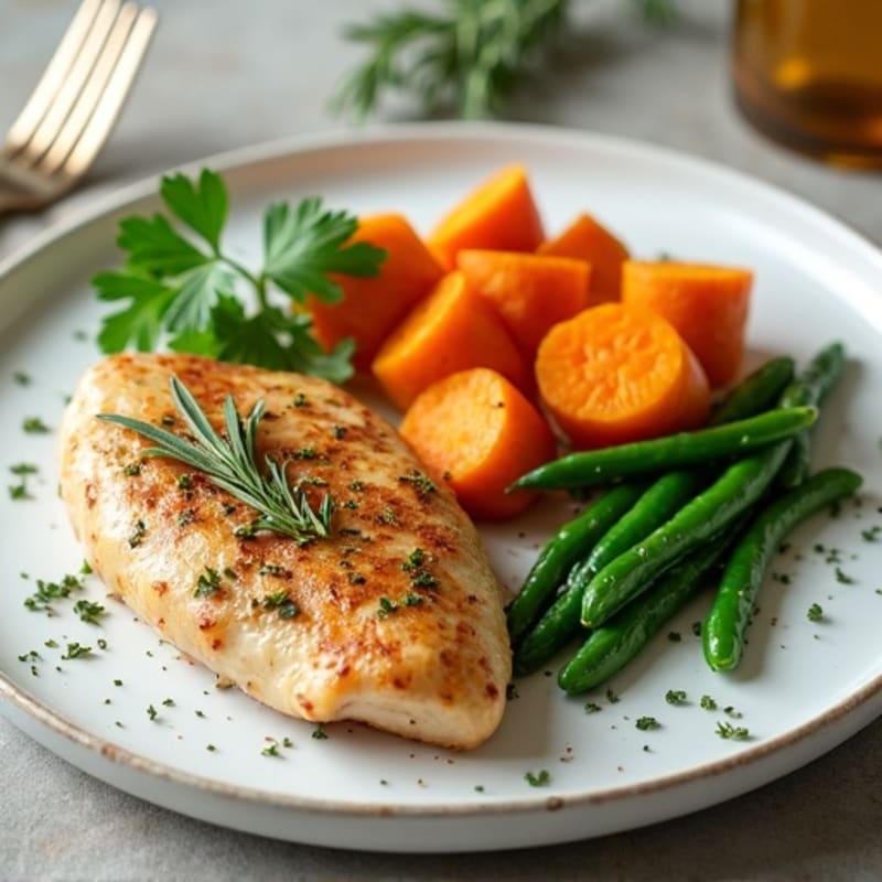 Fresh Herb-Baked Chicken with Cinnamon-Glazed Sweet Potatoes and Green Beans
