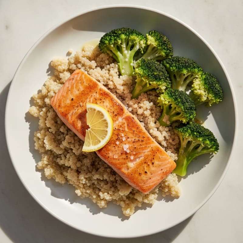 Seared Salmon with Steamed Broccoli and Quinoa
