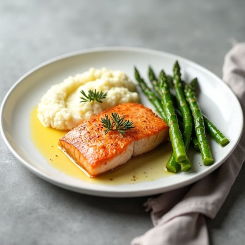Seared Salmon with Steamed Asparagus and Cauliflower Mash