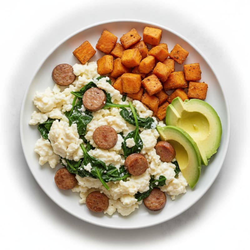 Egg White Scramble with Turkey Sausage and Sautéed Spinach
