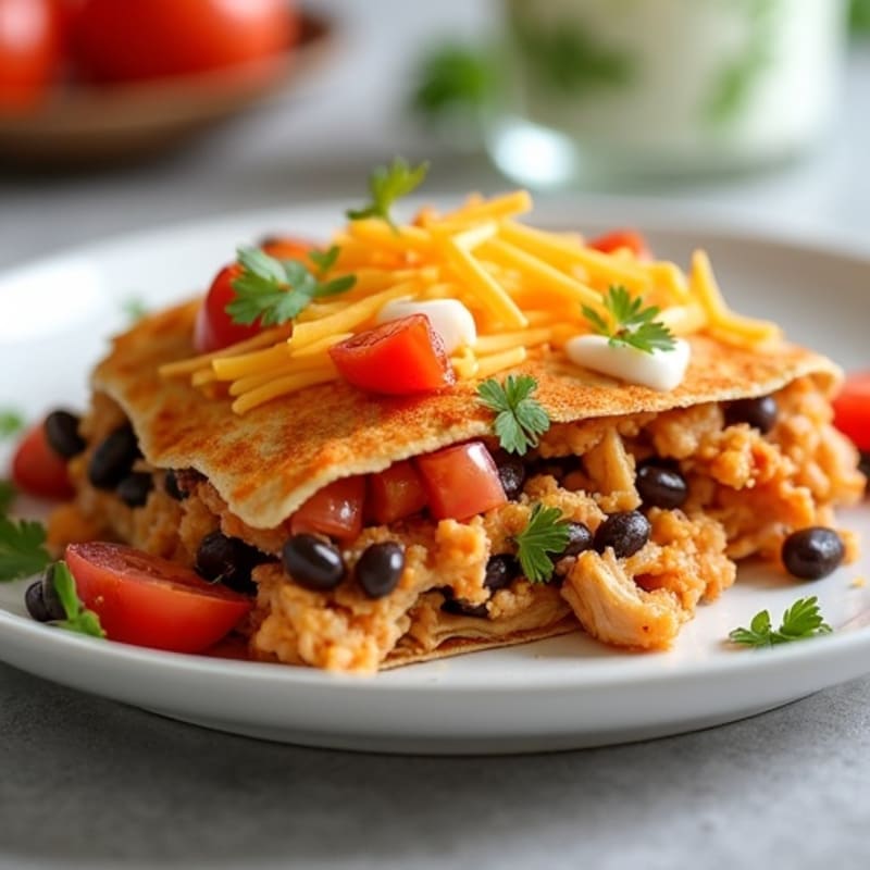 Spicy Shredded Chicken and Black Bean Tortilla Bake