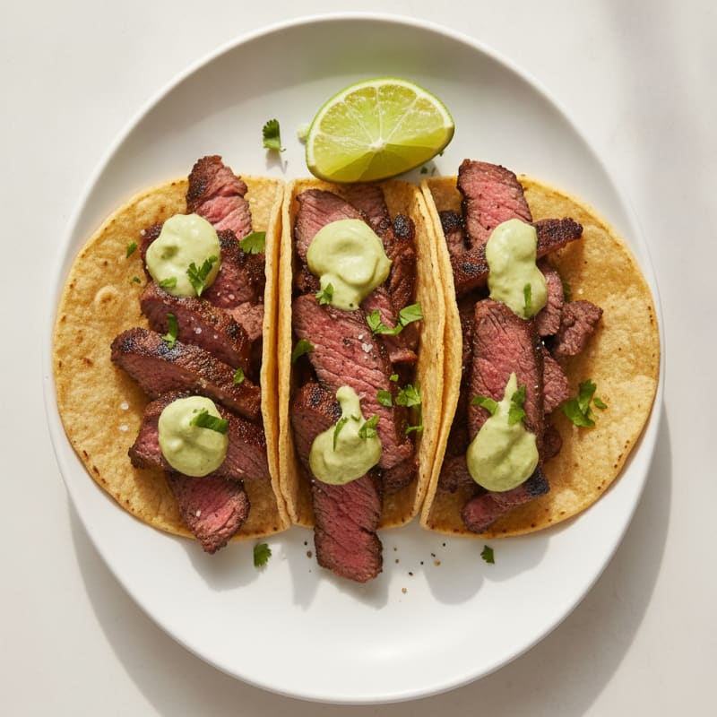 Carne Asada Tacos with Avocado Crema