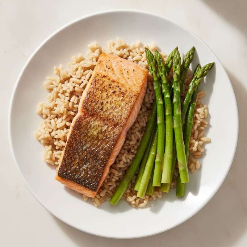 Seared Salmon with Steamed Asparagus and Brown Rice