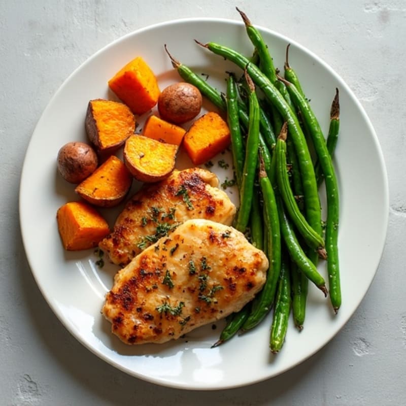 Crispy Lemon-Herb Roasted Chicken with Roasted Sweet Potatoes and Green Beans