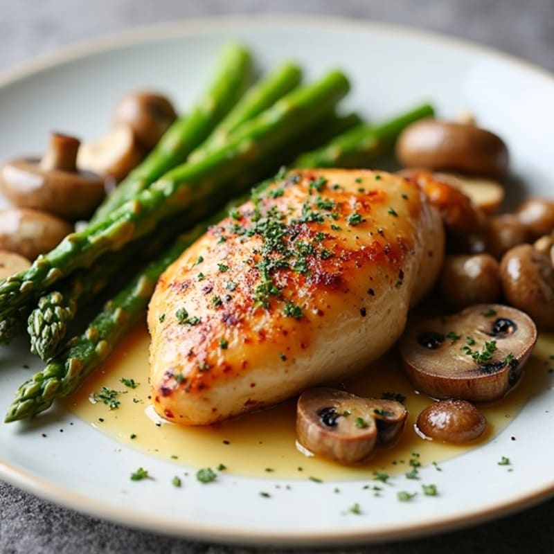 Roasted Chicken with Garlic Butter Mushrooms and Tender Asparagus