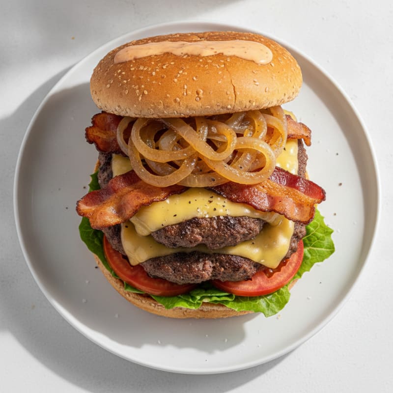 Double Bacon Cheeseburger with Caramelized Onions
