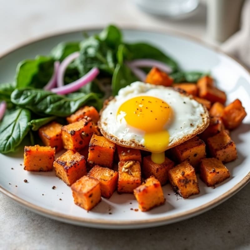 Crispy Sweet Potato and Egg Hash with Sautéed Greens