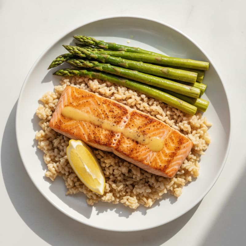 Seared Salmon with Steamed Asparagus and Brown Rice