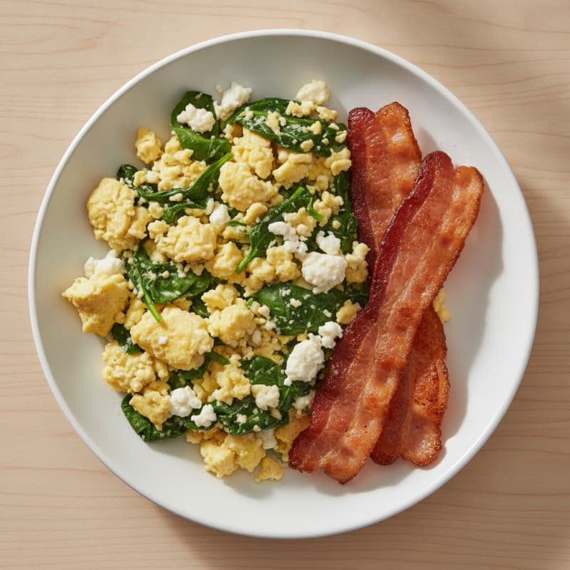 Creamy Cottage Cheese Scramble with Spinach and Turkey Bacon