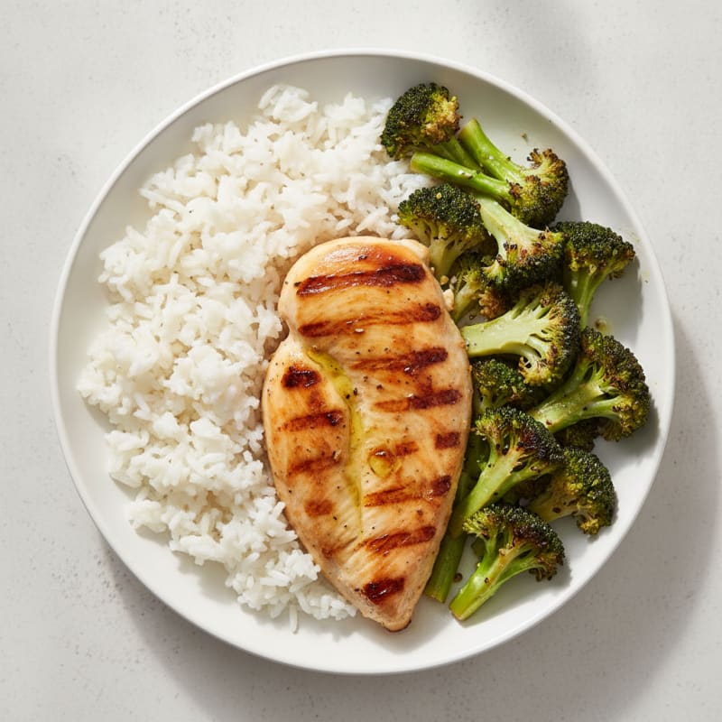Grilled Chicken Breast with Steamed Rice and Roasted Broccoli
