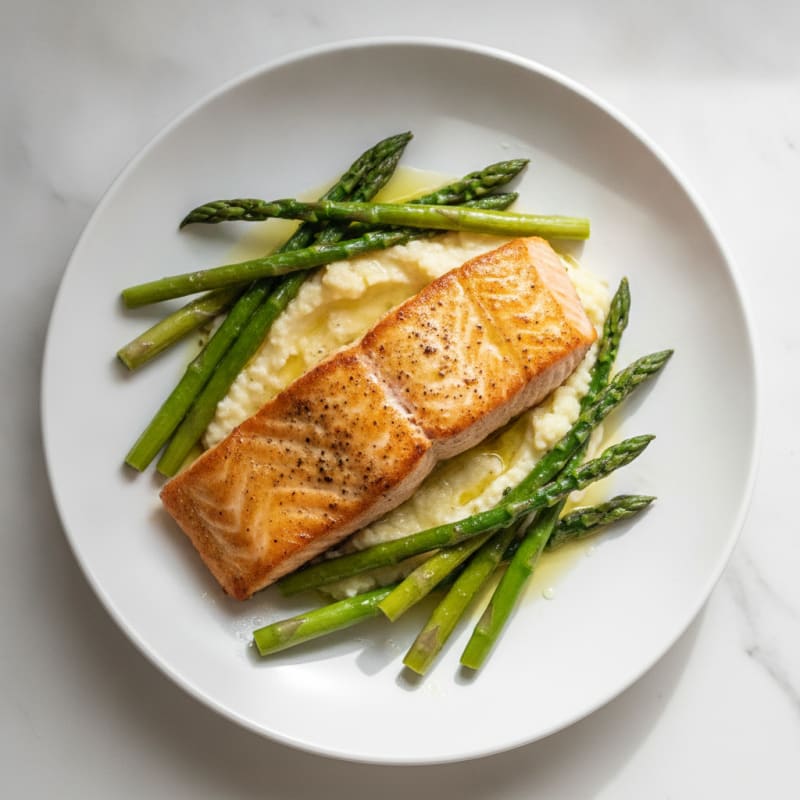 Seared Salmon with Steamed Asparagus and Cauliflower Mash