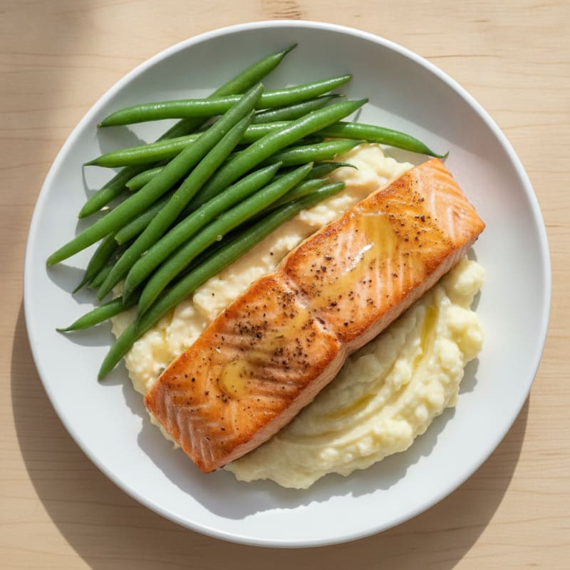 Seared Salmon Fillet with Steamed Green Beans and Garlic Mashed Cauliflower