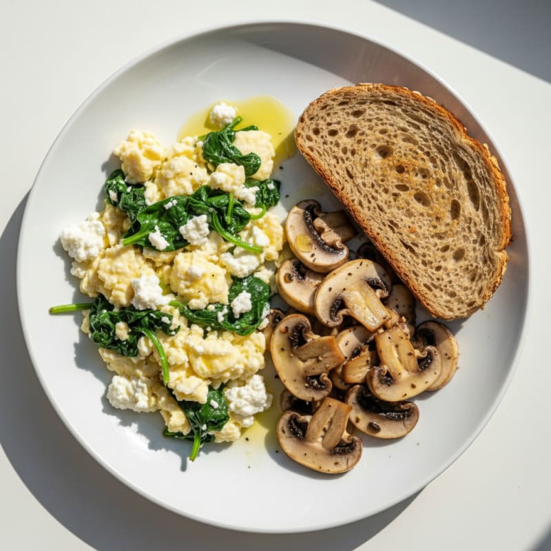Egg White Spinach Scramble with Cottage Cheese and Sautéed Mushrooms