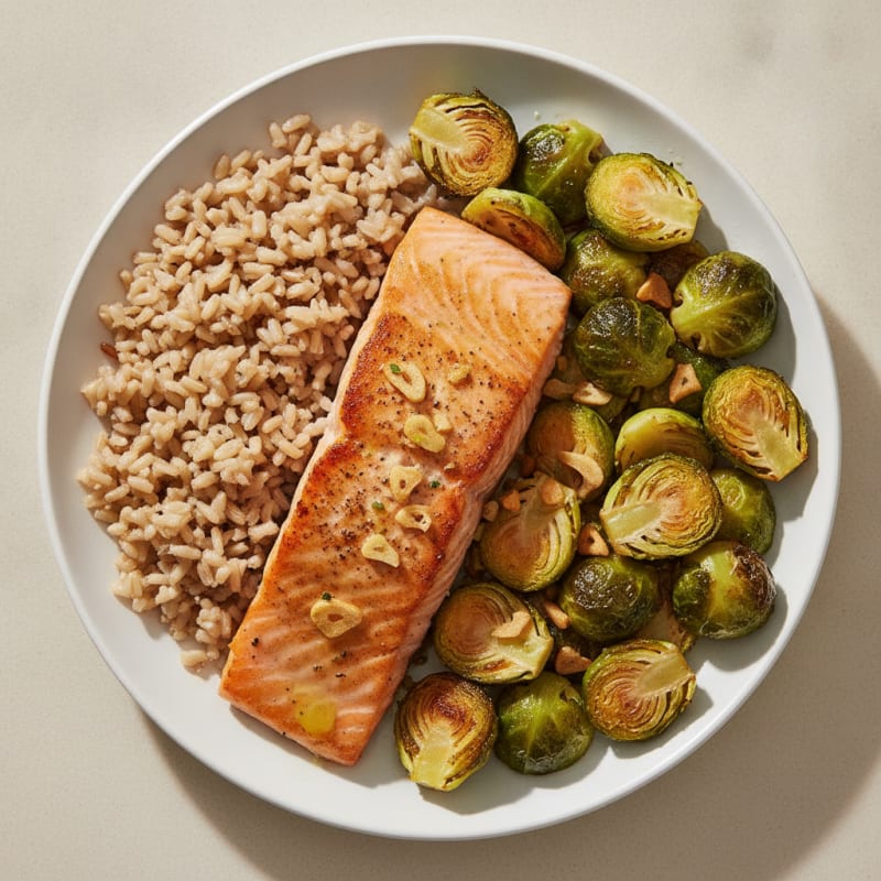 Seared Salmon with Roasted Brussels Sprouts and Brown Rice