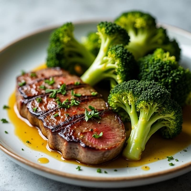 Pan-Seared Beef Sirloin with Roasted Broccoli and Garlic Herbs