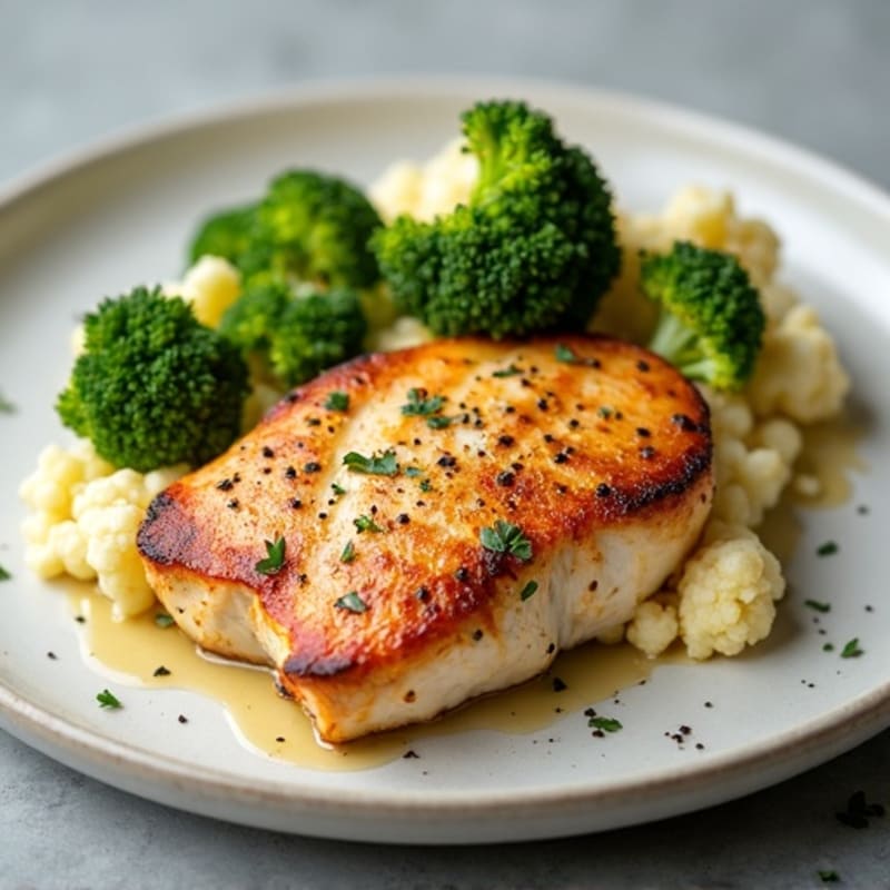 Seared Chicken Breast with Roasted Broccoli and Garlic Mashed Cauliflower