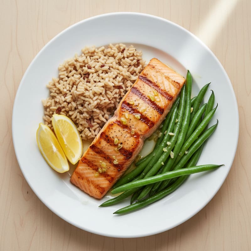Grilled Salmon Fillet with Steamed Green Beans and Brown Rice