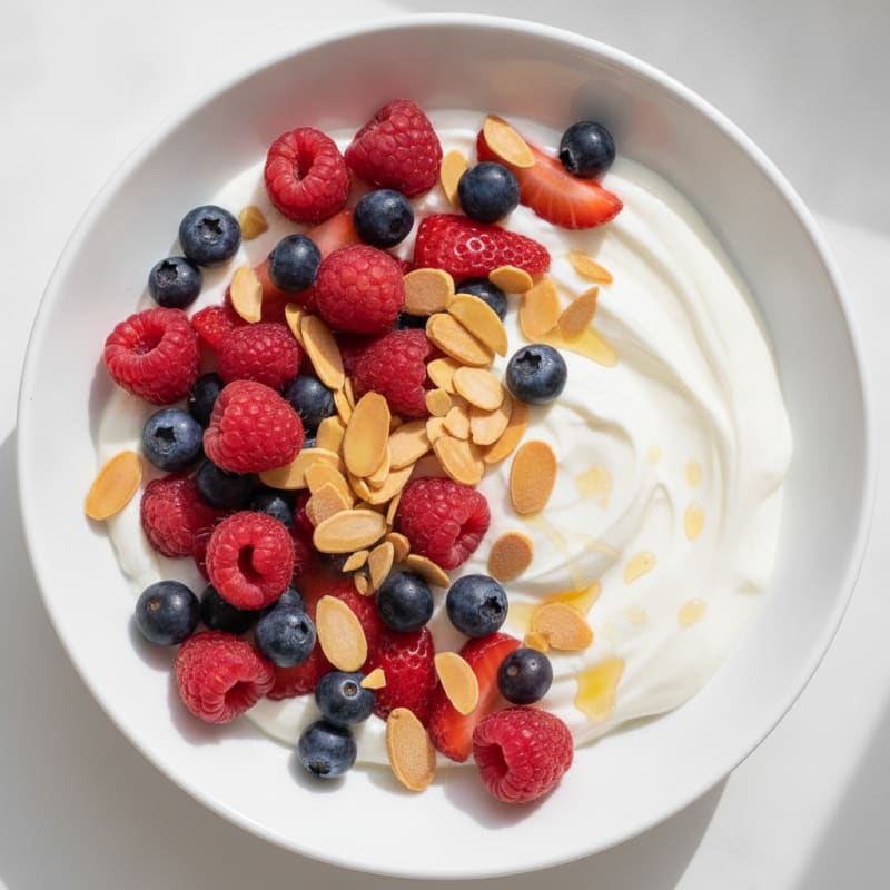 Vanilla Protein Greek Yogurt Bowl with Mixed Berries and Almonds