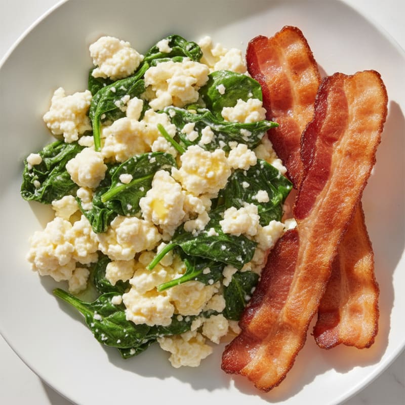 Cottage Cheese Egg Scramble with Sautéed Spinach and Turkey Bacon