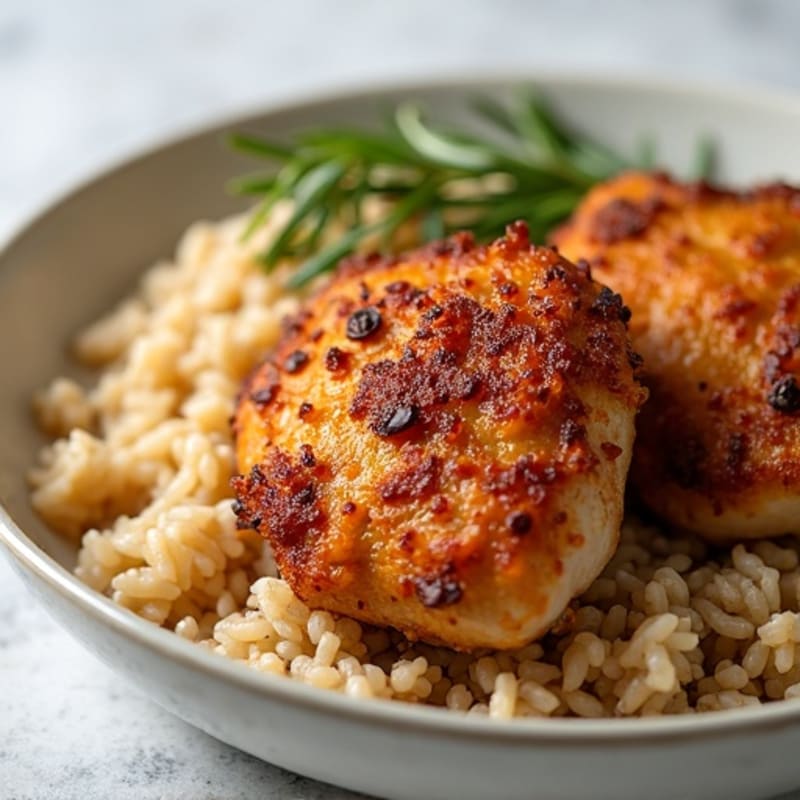 Crispy Roasted Chicken Thighs with Fluffy Brown Rice