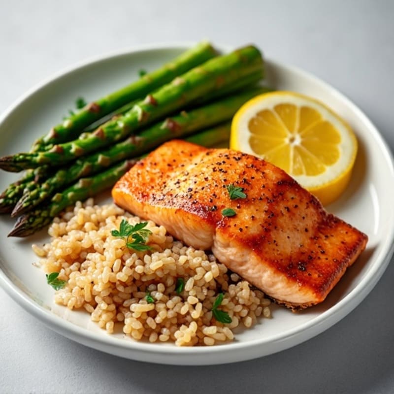 Seared Salmon Fillet with Roasted Asparagus and Brown Rice