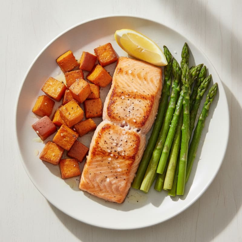 Seared Salmon with Roasted Sweet Potato and Asparagus