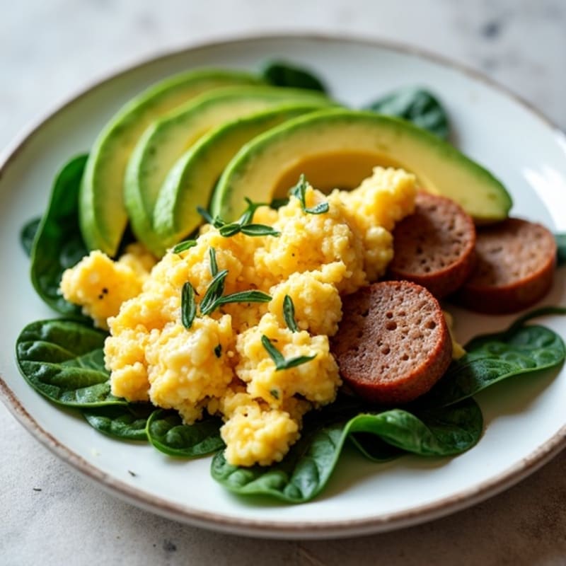 Egg White Scramble with Turkey Sausage and Sautéed Spinach