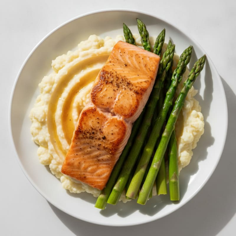 Seared Salmon with Steamed Asparagus and Garlic Mashed Cauliflower