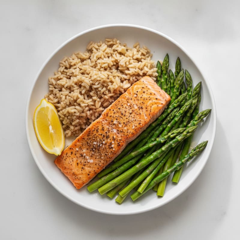 Seared Salmon with Steamed Asparagus and Brown Rice