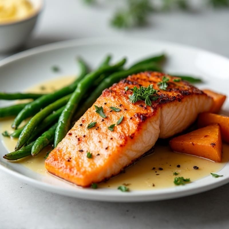 Seared Salmon with Garlic Green Beans and Roasted Sweet Potatoes