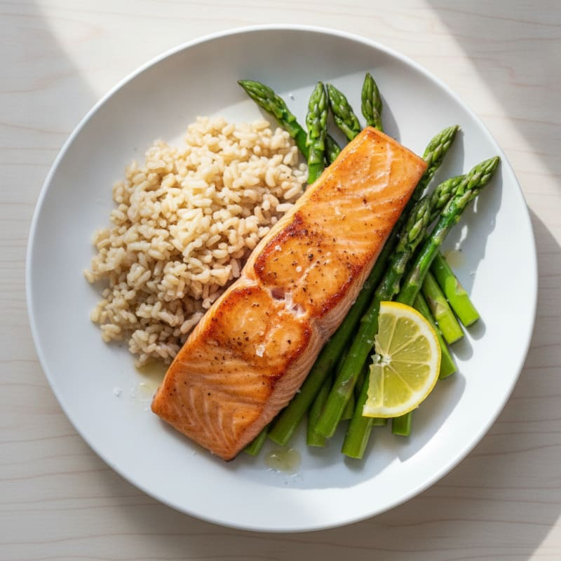 Seared Salmon with Steamed Asparagus and Brown Rice