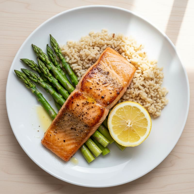 Seared Salmon Fillet with Steamed Asparagus and Brown Rice