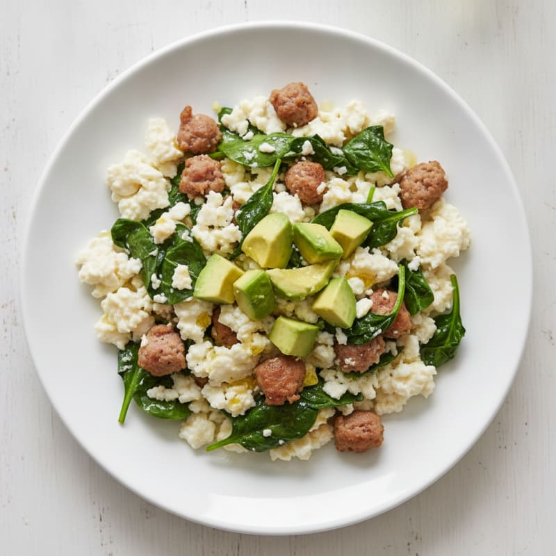 Egg White and Turkey Sausage Scramble with Sautéed Spinach
