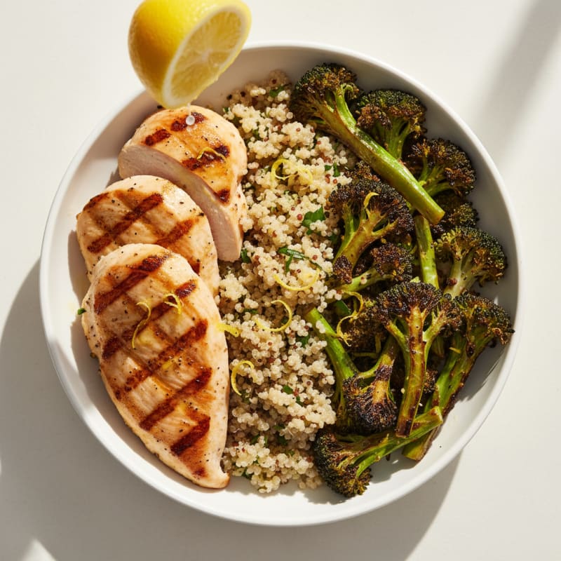 Grilled Chicken Breast and Quinoa Bowl with Roasted Broccoli