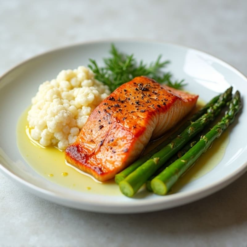 Seared Salmon Fillet with Steamed Asparagus and Cauliflower Mash