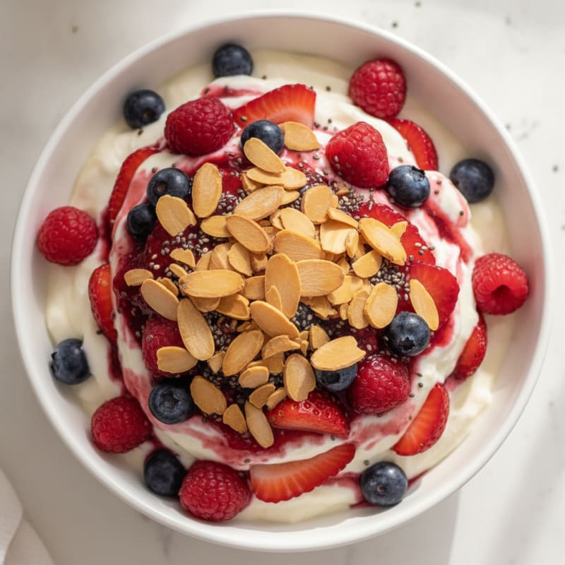 Greek Yogurt Protein Parfait with Mixed Berries and Almonds