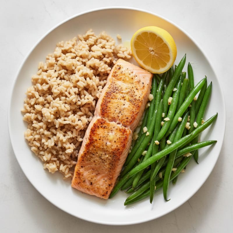 Seared Salmon Filet with Garlic Green Beans and Brown Rice