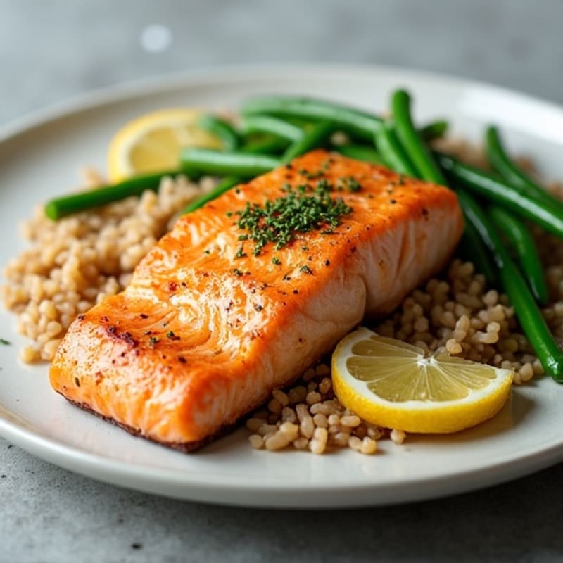 Seared Salmon Fillet with Garlic Green Beans and Brown Rice Pilaf