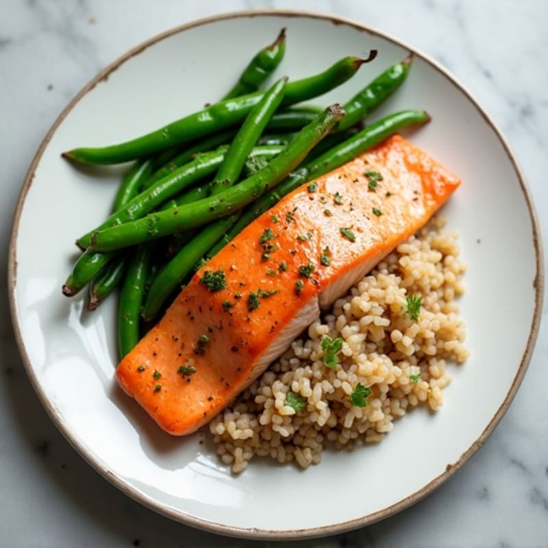 Seared Salmon with Steamed Green Beans and Brown Rice