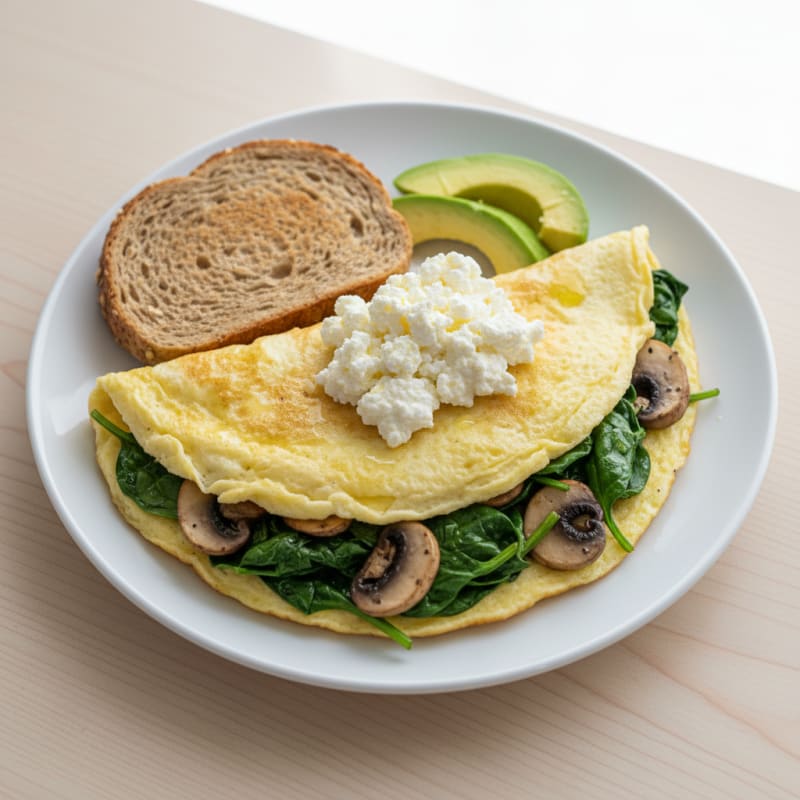 Egg White Spinach Omelette with Cottage Cheese and Sautéed Mushrooms
