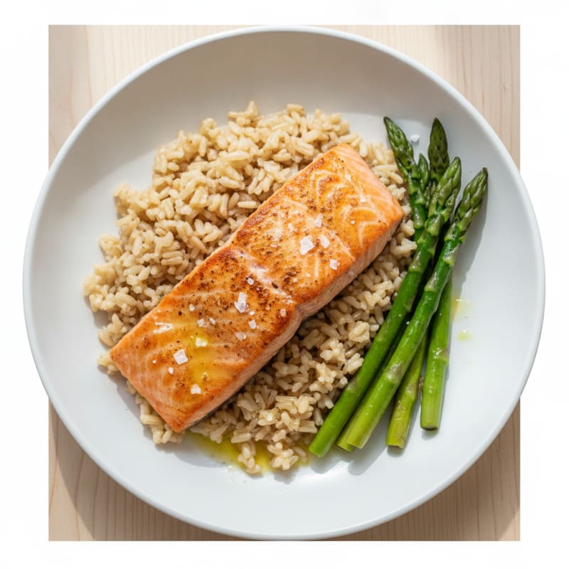 Seared Salmon Fillet with Steamed Asparagus and Brown Rice