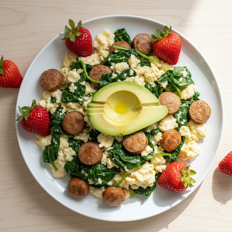 Egg White and Turkey Sausage Scramble with Sautéed Spinach